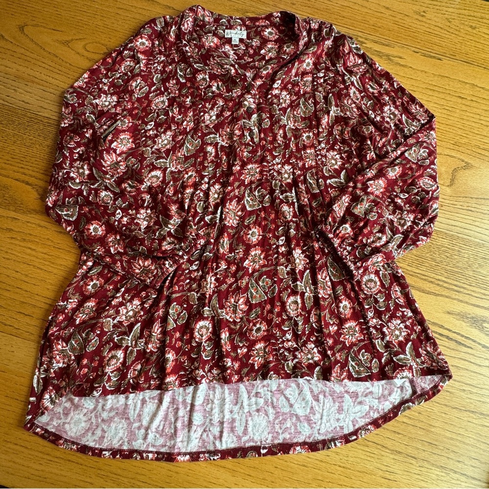 Wonderly Women’s Size XL Boho Country Chic Long Sleeve Burgandy Floral Top